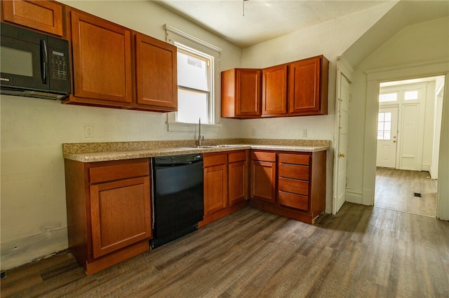 kitchen featuring plenty of natural light, sink, dark hardwood / wood-style floors, and black appliances