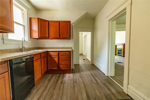 kitchen featuring black dishwasher, dark hardwood / wood-style flooring, and sink