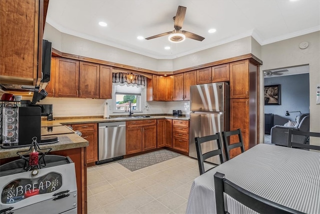 kitchen featuring appliances with stainless steel finishes, light tile patterned floors, ceiling fan, and backsplash