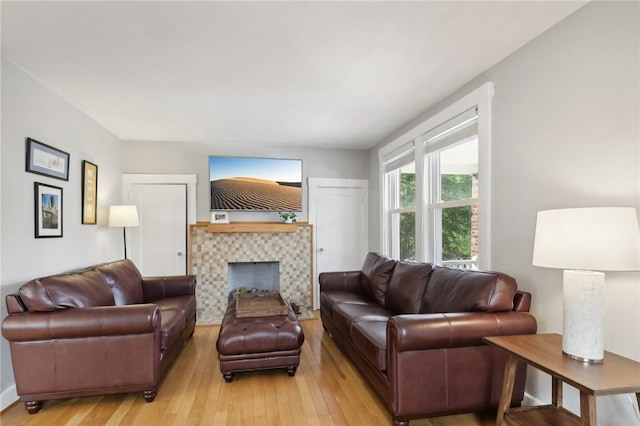 living room with light hardwood / wood-style flooring and a fireplace