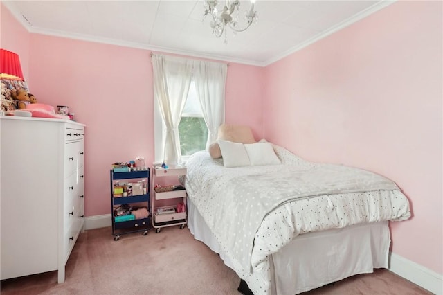 bedroom featuring ornamental molding, light carpet, and a notable chandelier