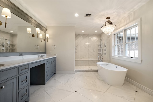 bathroom featuring vanity, crown molding, shower with separate bathtub, and a chandelier