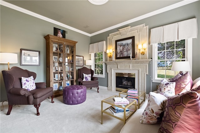 living room featuring crown molding and light carpet