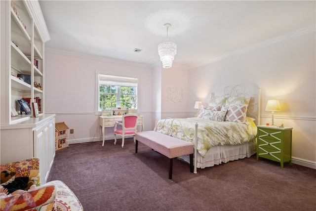 bedroom featuring dark carpet, crown molding, and a notable chandelier