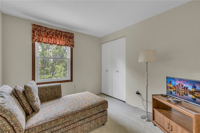 bedroom with light carpet and a closet