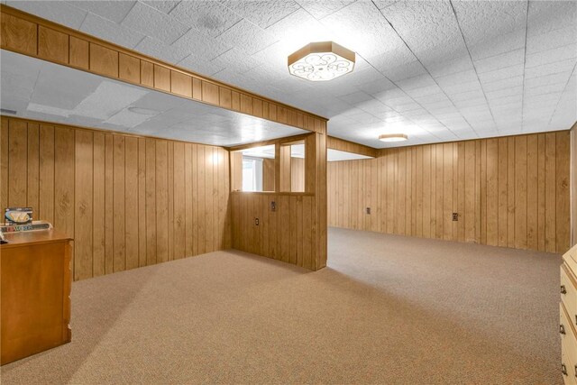 basement with wood walls and carpet flooring