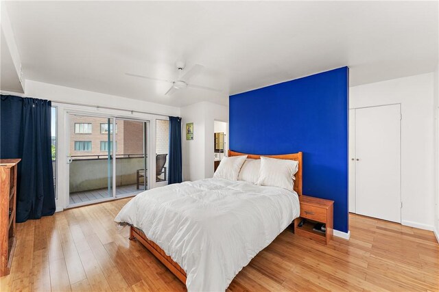 bedroom featuring access to exterior, ceiling fan, and light hardwood / wood-style flooring