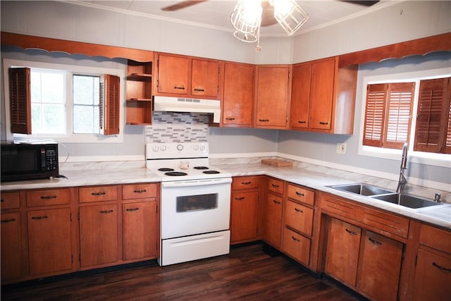 kitchen featuring ornamental molding, dark hardwood / wood-style floors, sink, and white range with electric stovetop