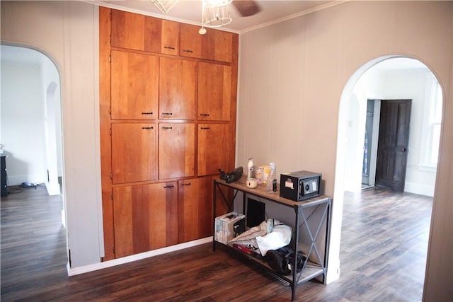 corridor featuring crown molding and dark hardwood / wood-style flooring