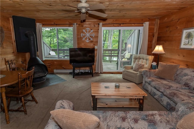 living room featuring a wood stove, a wealth of natural light, wooden walls, and wood ceiling