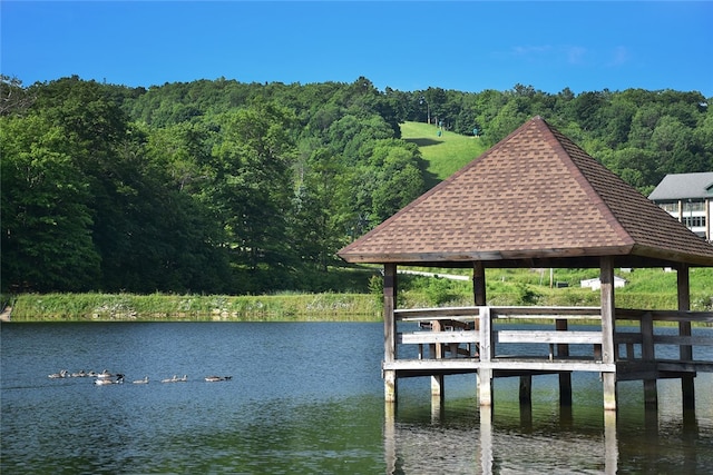 dock area featuring a gazebo and a water view