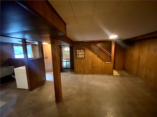 basement with wood walls