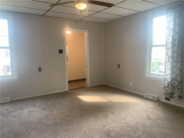 unfurnished room featuring a paneled ceiling, a healthy amount of sunlight, and carpet