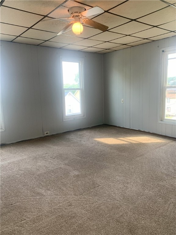 spare room featuring plenty of natural light, light colored carpet, a paneled ceiling, and ceiling fan