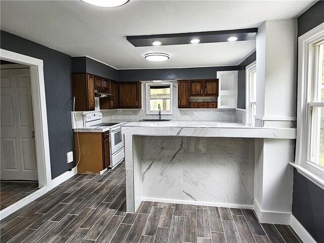 kitchen with tasteful backsplash, dark brown cabinets, white electric stove, wood-type flooring, and sink