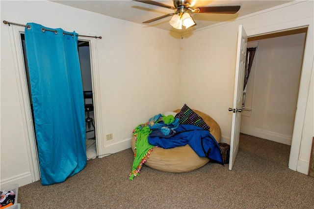 bedroom featuring carpet flooring and ceiling fan