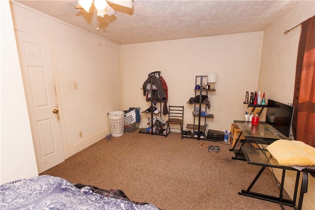 workout area featuring ceiling fan, a textured ceiling, and carpet floors