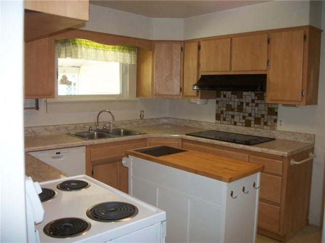 kitchen with wooden counters, black electric cooktop, white dishwasher, stove, and sink