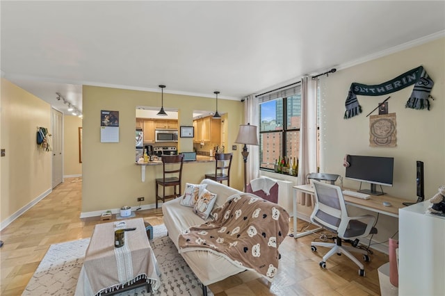 living room featuring crown molding