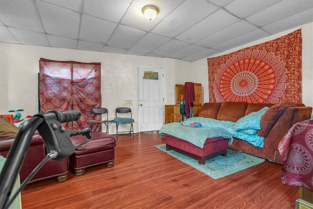 living room with a drop ceiling and wood-type flooring