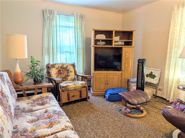 carpeted living room featuring baseboard heating