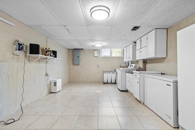 laundry area featuring cabinets, separate washer and dryer, and electric panel