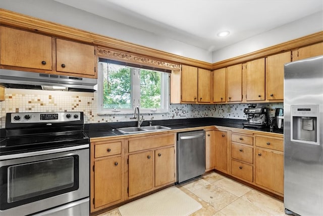 kitchen with light tile patterned flooring, stainless steel appliances, tasteful backsplash, and sink