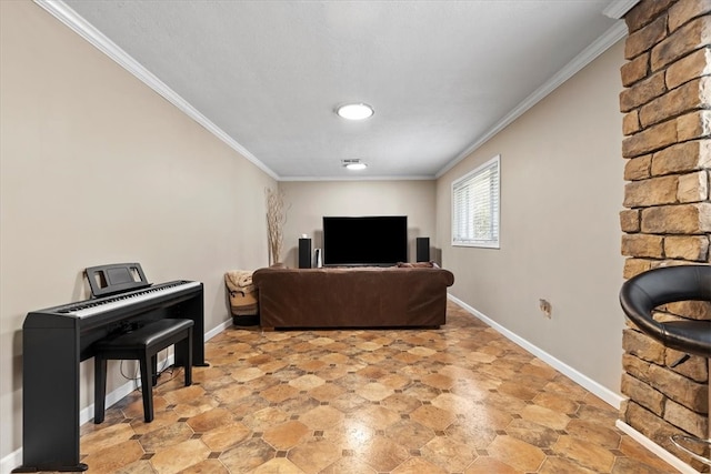 living room with ornamental molding