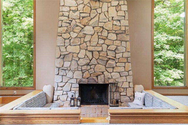 interior details featuring a stone fireplace