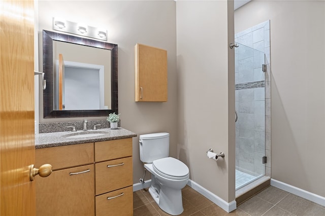 bathroom with vanity, walk in shower, tile patterned flooring, and toilet