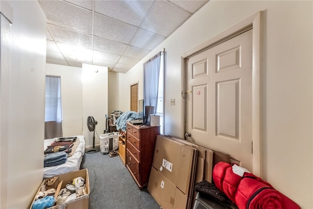 miscellaneous room with a drop ceiling and carpet