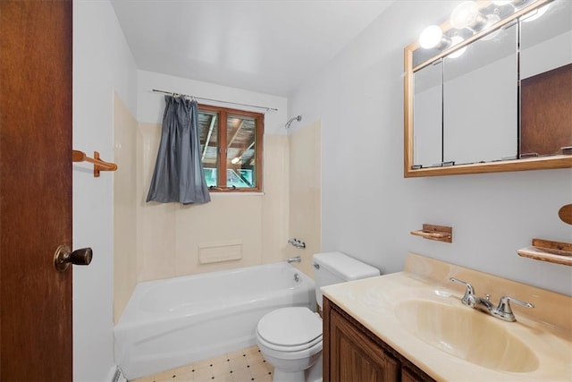 full bathroom featuring bathing tub / shower combination, vanity, tile patterned flooring, and toilet