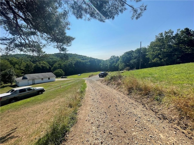view of road with a forest view and a rural view