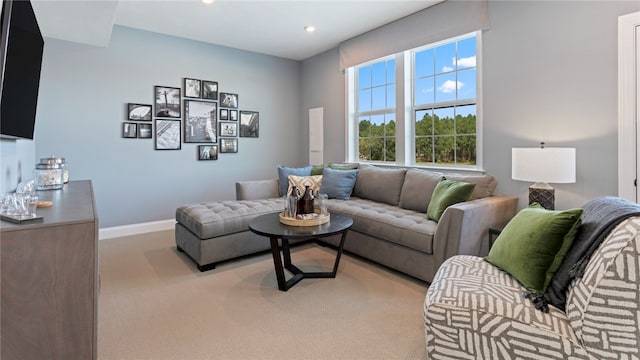 living room with light colored carpet