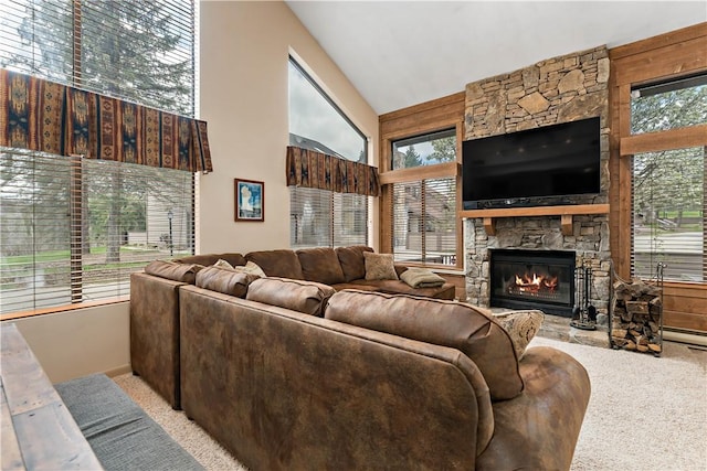 M1 Sunridge Rd, Seven Springs Resort, PA 15622 - living room with carpet, healthy amount of natural light, a stone fireplace, and high vaulted ceiling