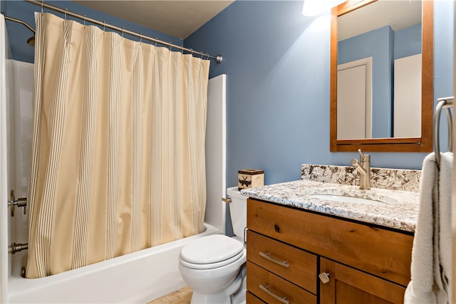 full bathroom featuring tile patterned floors, toilet, vanity, and shower / tub combo with curtain