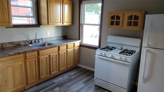 kitchen with white appliances, sink, and dark wood-type flooring