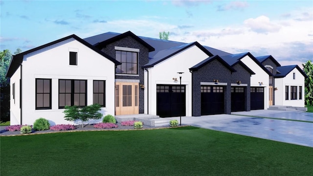 modern inspired farmhouse featuring a garage, concrete driveway, a front lawn, and stucco siding