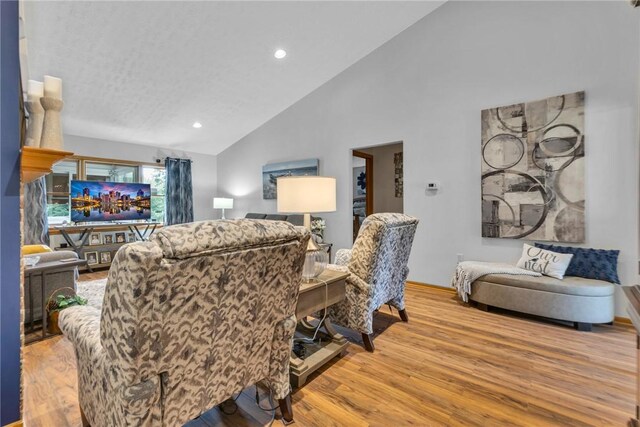 living room with hardwood / wood-style flooring and high vaulted ceiling