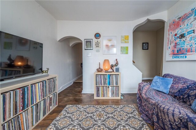 living area with dark hardwood / wood-style flooring