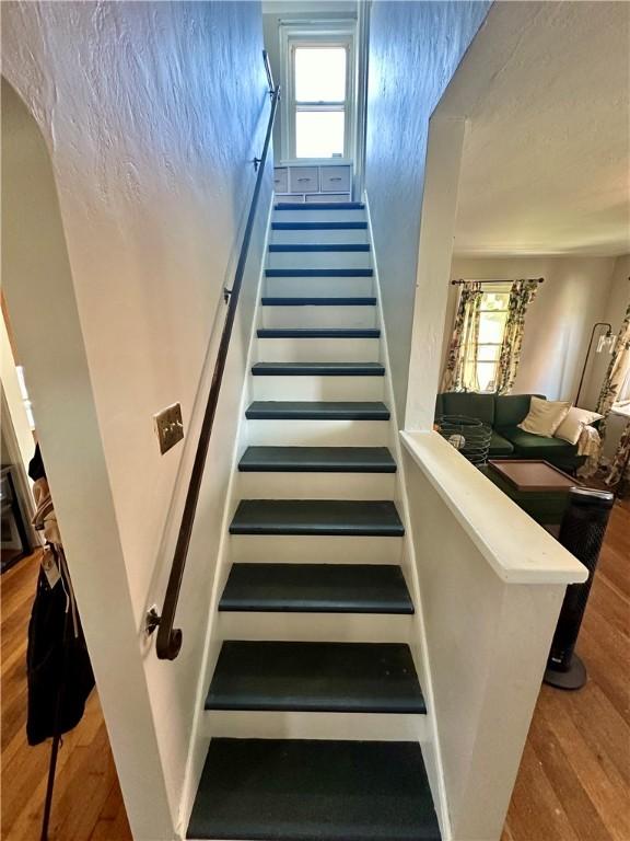 stairway with hardwood / wood-style floors