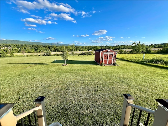 view of yard featuring a storage shed and a rural view