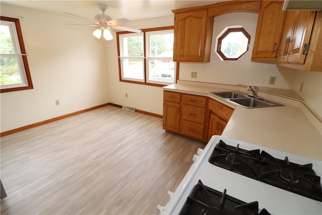 kitchen featuring stove, ceiling fan, sink, and light hardwood / wood-style flooring