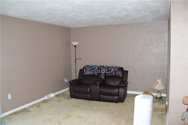 living area featuring carpet and a textured ceiling