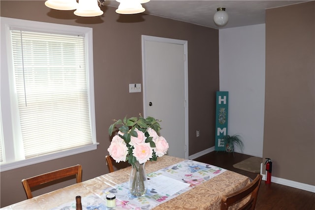 dining space with dark hardwood / wood-style floors