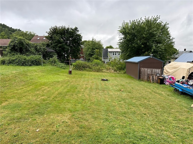 view of yard featuring a storage unit