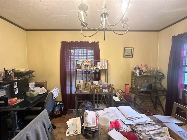 dining area with ornamental molding, tile patterned floors, and a chandelier