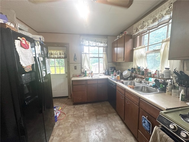 kitchen featuring dark brown cabinetry, sink, black appliances, light wood-type flooring, and decorative backsplash