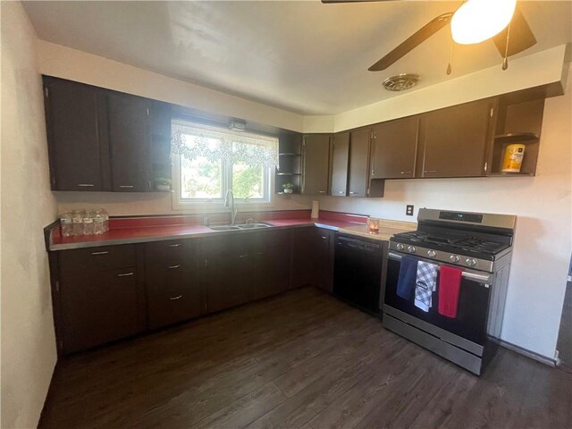 kitchen with gas range, dark brown cabinets, ceiling fan, dark hardwood / wood-style flooring, and sink