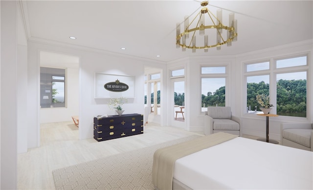 bedroom with a notable chandelier and ornamental molding